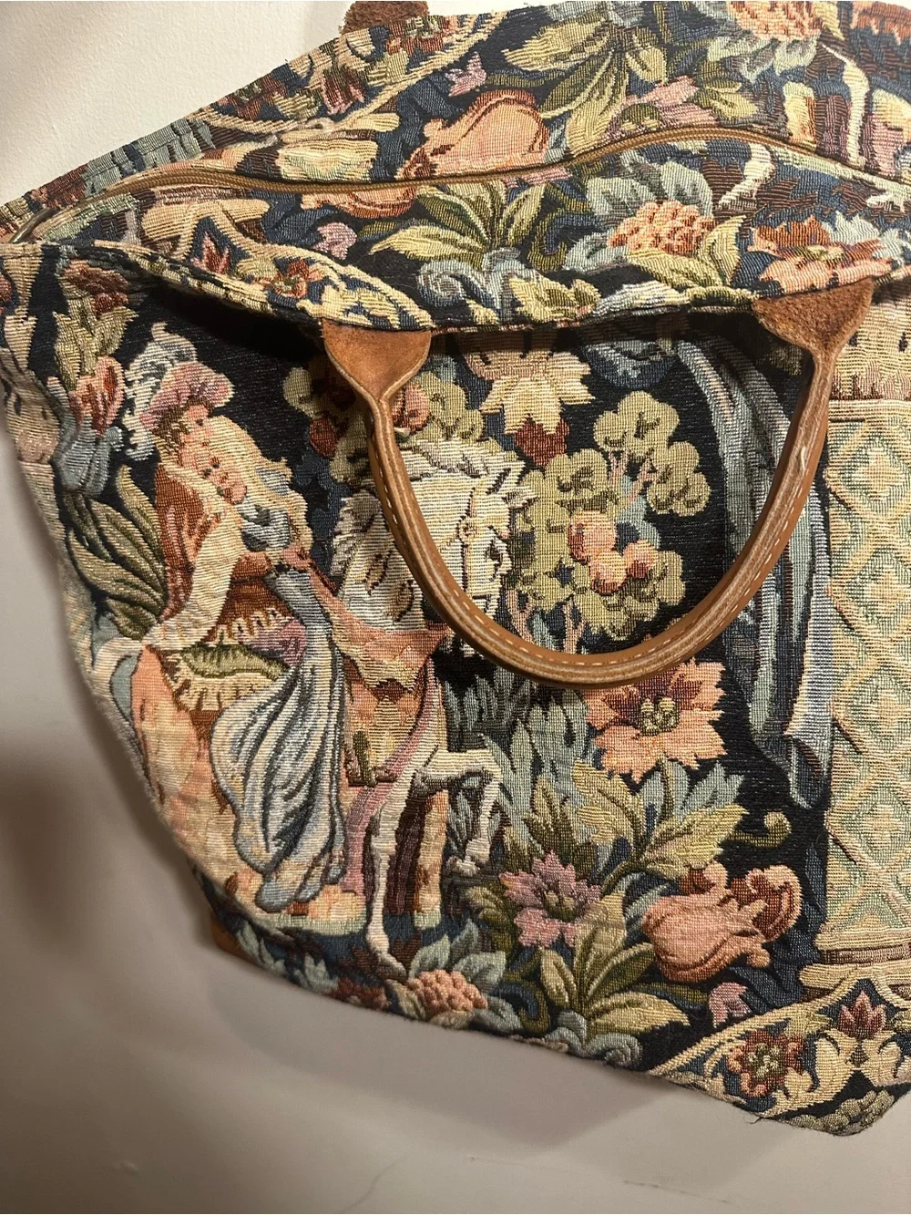 Vintage Tapestry Tote Bag with Leather Trim - Black Floral Scene & Horse